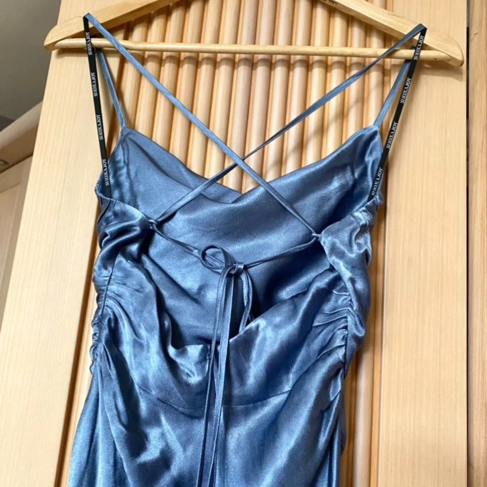 Shona Joy La Lune Cowl Neck Satin Lace Back Maxi Dress Smoke Blue - Picture 8 of 16